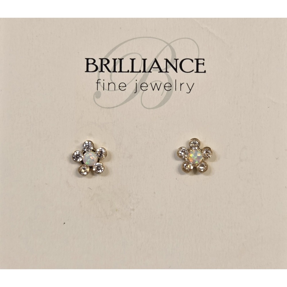 14k Yellow Gold,‎ Opal, & CZ Flower Stud Earrings